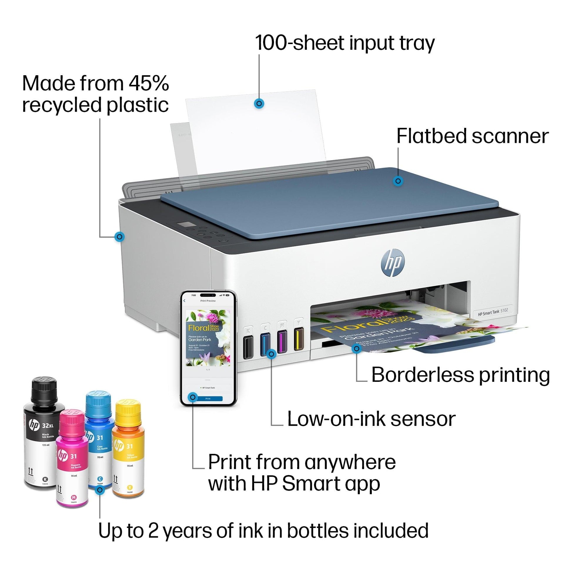 HP Smart Tank 5102 Wireless All-in-One Color Home Inkjet Tank Printer w/up to 2 Yrs of Ink Incl - JNR Products