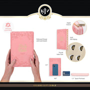 KJV Holy Bible, Standard Size Faux Leather Red Letter Edition Thumb Index, Ribbon Marker, King James Version, Pink Floral Zipper Closure - JNR Products