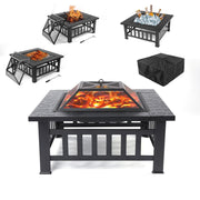 Fire Pits for Outside, 32" Wood Burning Fire Pit Tables with Screen Lid, Poker, BBQ Net, Ice Tray, Food Clip and Cover, Backyard Patio Garden Outdoor Fire Pit/Ice Pit/BBQ Fire Pit, Black - JNR Products