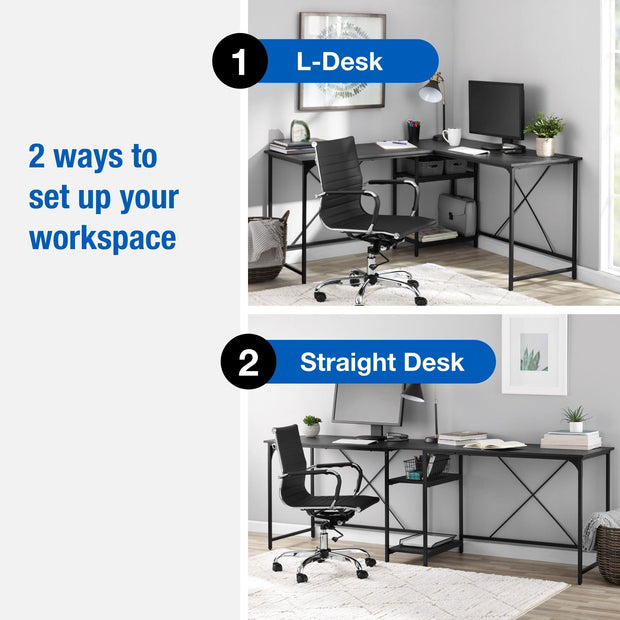 Mainstays Two-Way Convertible Desk with Lower Storage Shelf, Black Wood Grains Finish and Black Metal Frame - JNR Products