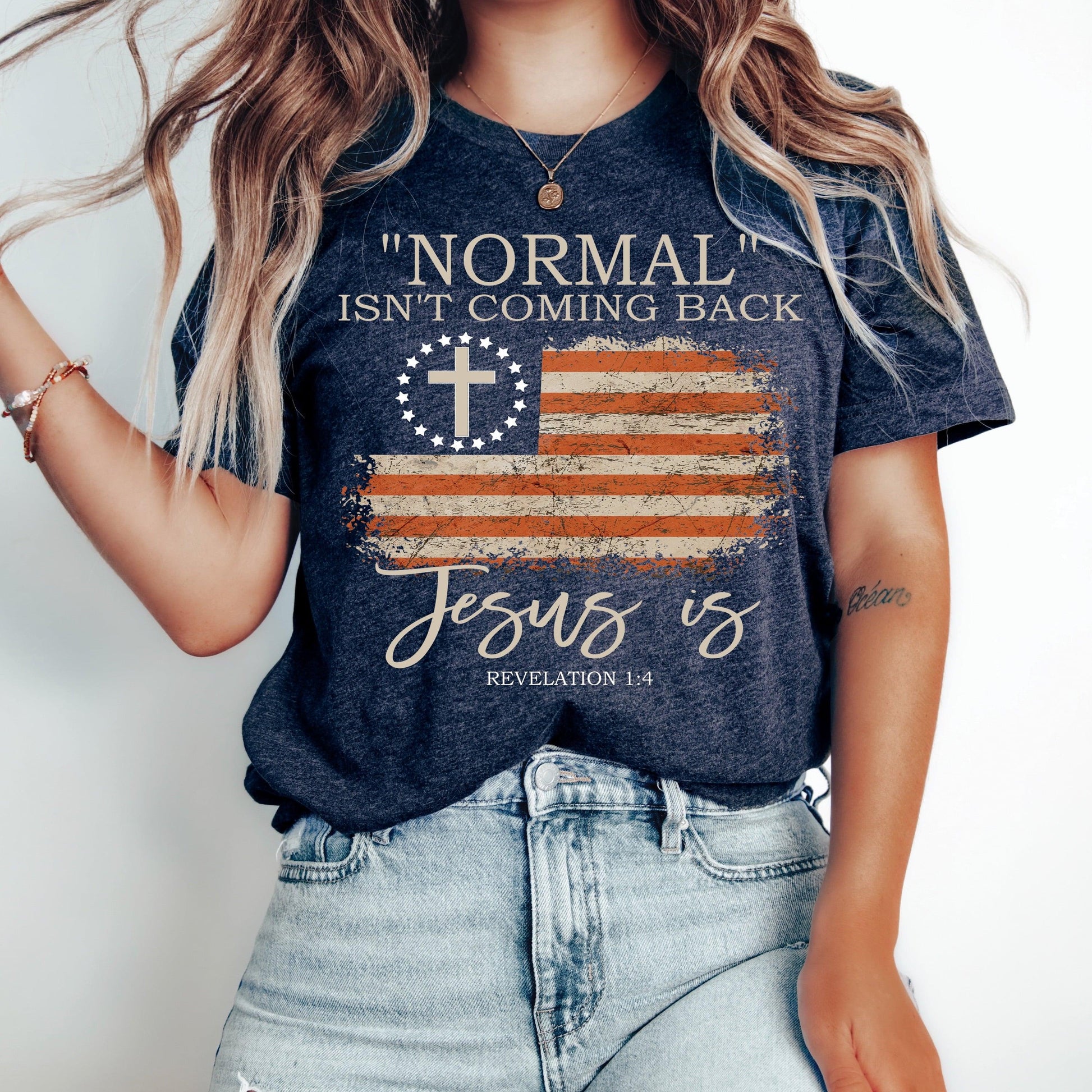 Love in Faith | Normal Isn't Comig Back Short Sleeve | Heather Navy | Christian T-Shirts for Women | Faith Based Apparel |Christian Gifts - JNR Products