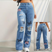 High Waisted Straight Leg Jeans For Women Trendy Butterfly Print Ripped Distressed Denim Pants - JNR Products