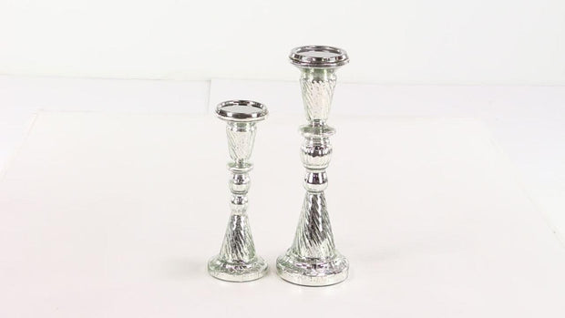 DecMode Traditional Squat Style Glass Pillar Candle Holder with Silver Speckle Finish, Set of 2 9", 12"H - JNR Products