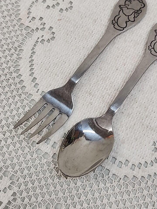 Vintage Child's Spoon & Fork Set Tommee Tippee Stainless Child Kids - JNR Products